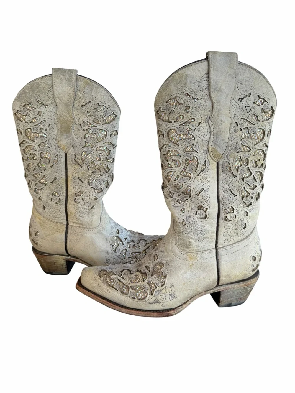 Corral Teens Off-White Glittered Inlay Snip Toe Cowboy Boots T0021 | Size 2